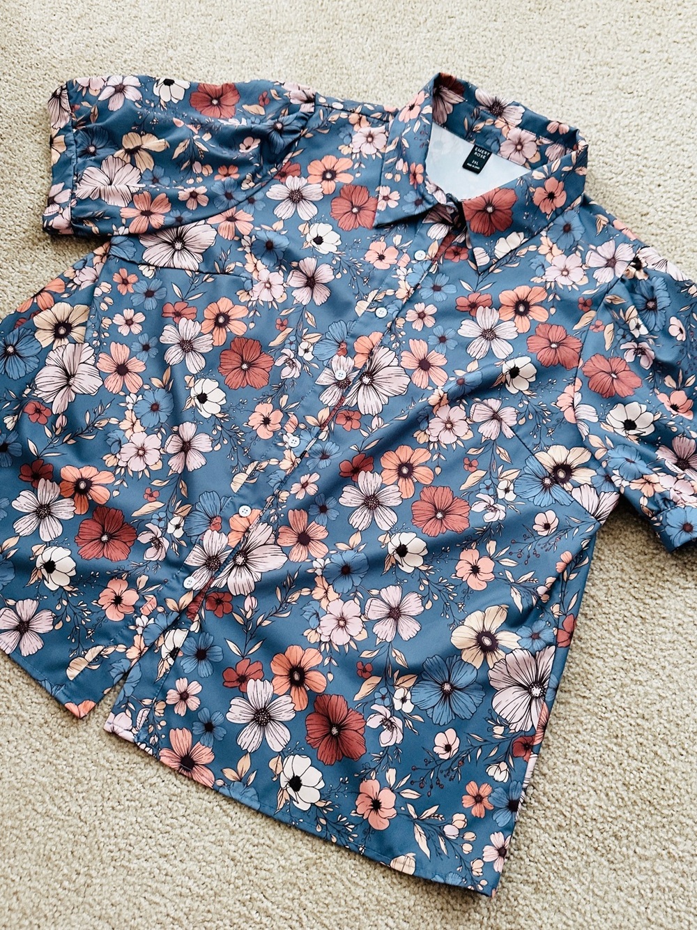 Floral Button-Up Blouse in Blue and Peach